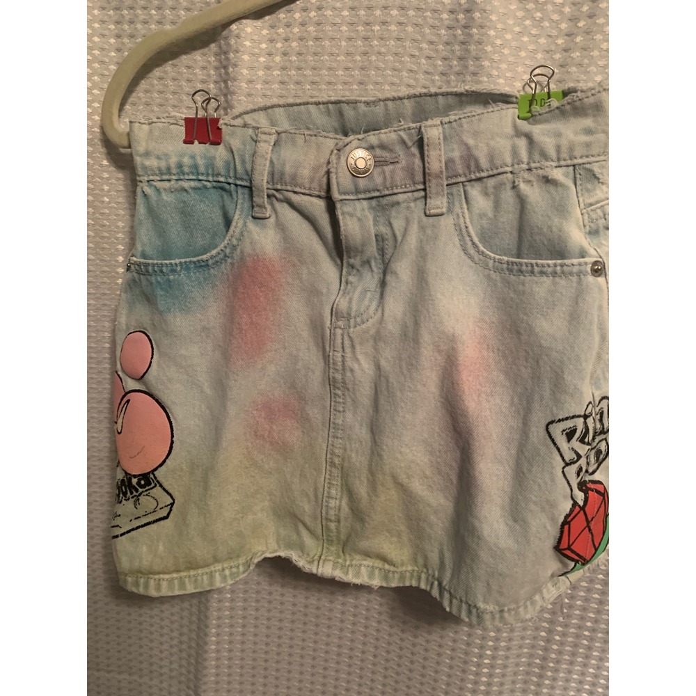 Justice Girls Denim Mini Skirt Bazooka Ring Pop Graphic Tie Dye Light Wash 8